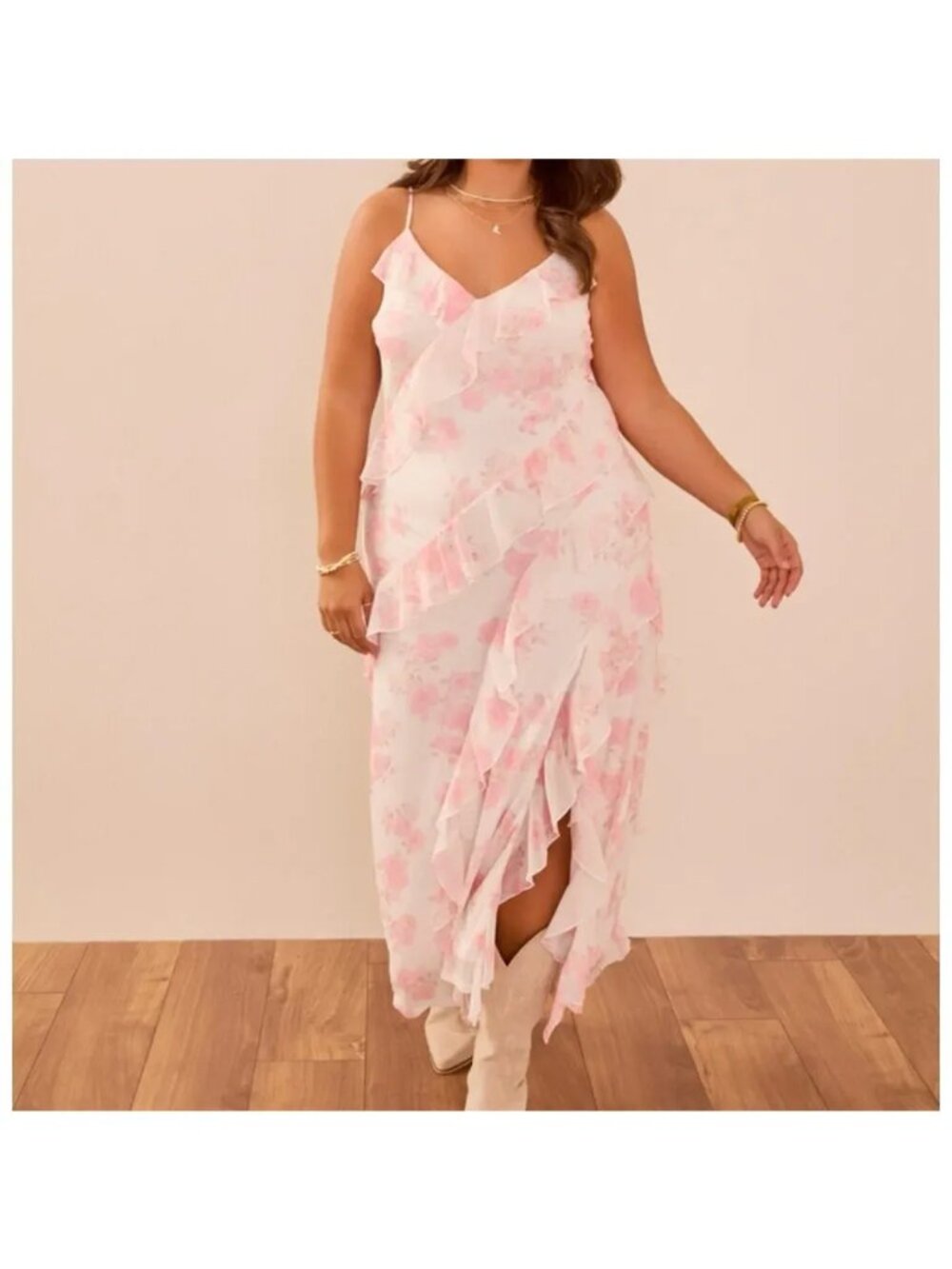 Arula Pink White Tiered V Neck Strappy Boho Floral Maxi Dress Women Size  2X